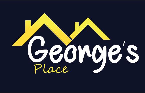 Logo of George’s Place restaurant in Roatan, featuring house rooftops in yellow.