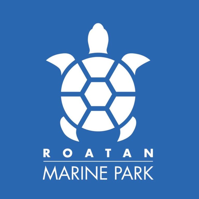 A white turtle logo with a stylized shell and flippers on a blue background representing Roatan Marine Park in Honduras.