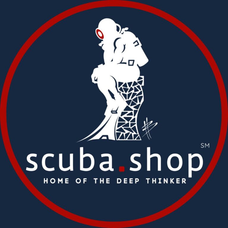 Logo of scuba.shop featuring a stylized diver with a snorkel and fins, surrounded by a circular border on a navy blue background with red accents, representing scuba diving services in Roatan, Honduras.