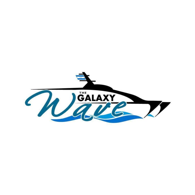 A sleek logo for The Galaxy Wave featuring a stylized yacht with a wave beneath it, set against a white background, representing Roatan's maritime attractions in Honduras.