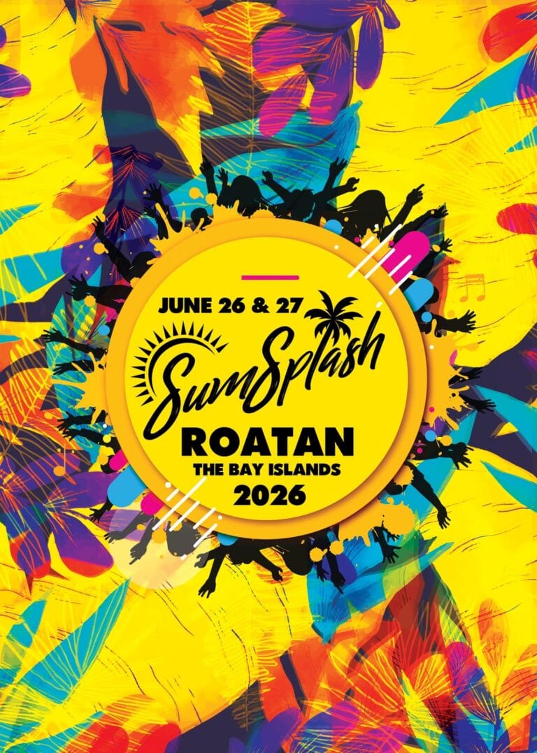 Silhouettes of people with raised hands dancing and celebrating at a colorful outdoor event during summer in Roatan, Bay Islands, Honduras, with vibrant leaves and abstract patterns in the background.