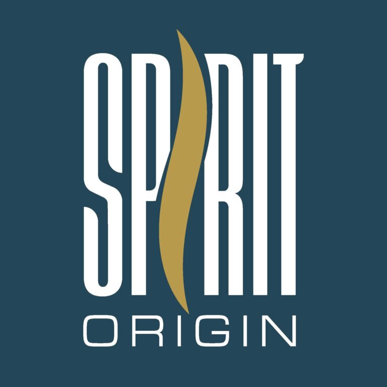 Spirit Origin Coffee logo with stylized leaf design on dark background.