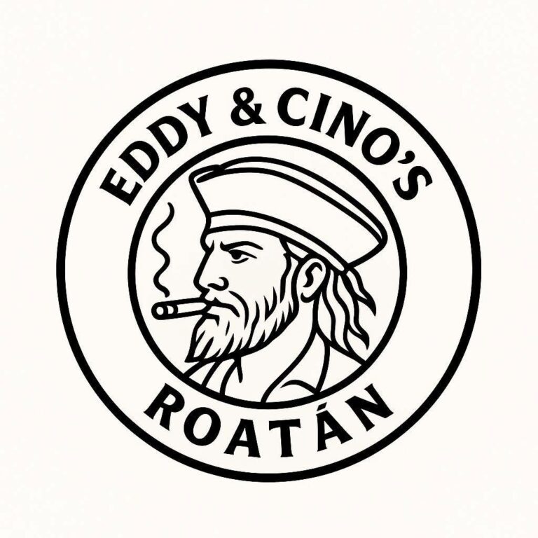 Black and white logo of Eddie & Cino's featuring a bearded man in a sailor hat smoking a cigar, with the text Eddie & Cino's Roatán encircling the image.