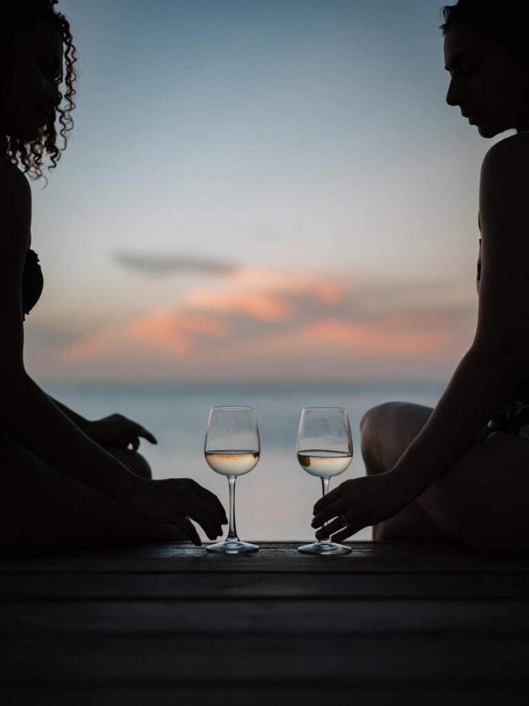 Silhouettes of two women with wine glasses at sunset on Roatan island, Honduras, perfect for travel.