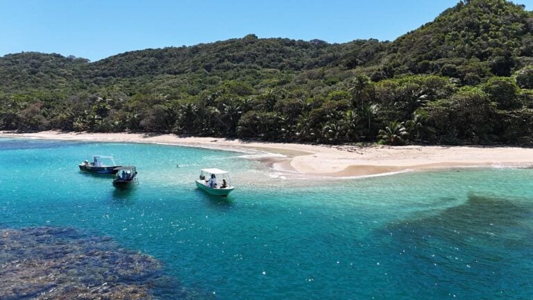 Turquoise waters and a white sandy beach on Roatan, Honduras, with three boats anchored near the shoreline and lush green tropical foliage in the background.