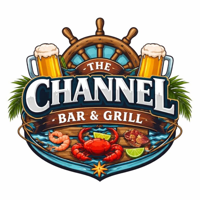A vibrant logo for The Channel Bar & Grill in Roatan, Honduras, featuring a ship's wheel, two beer mugs, and fresh seafood including crab, shrimp, and oysters with lime wedges, set against tropical palm leaves.