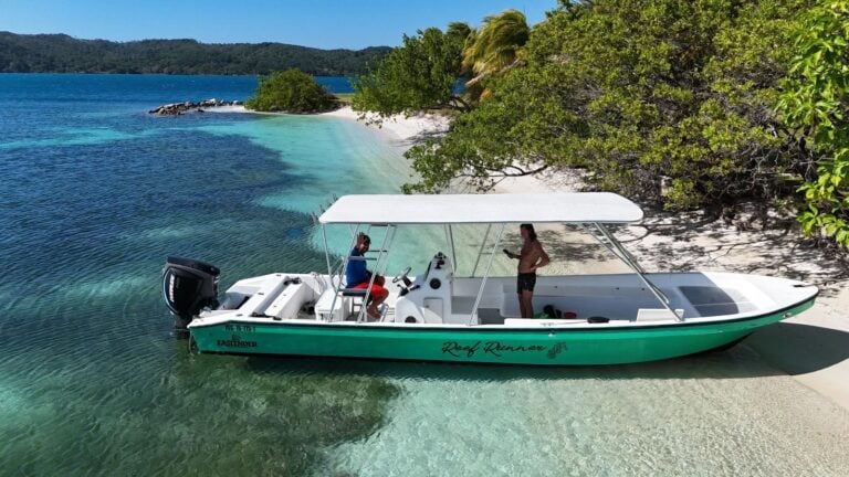A green and white Reef Runner boat with two men onboard is anchored on a white sandy beach next to lush green trees in Roatan, Honduras, with clear turquoise water and a distant island in the background.