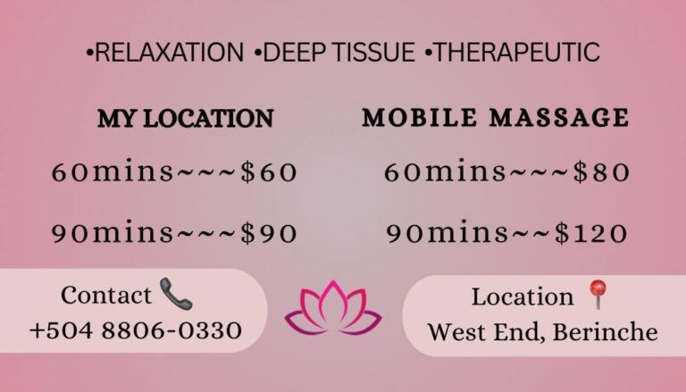 A business advertisement for a mobile massage service on Roatan, Honduras, highlighting relaxation, deep tissue, and therapeutic massage options with pricing and contact details against a pink background.
