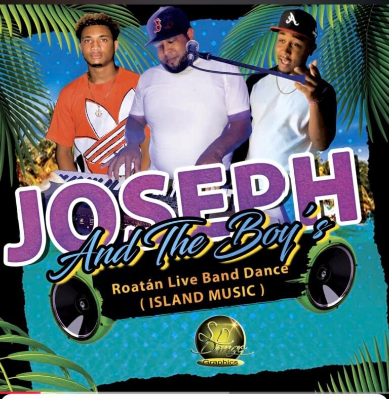 Three members of Joseph and The Boy's band performing live with DJ equipment against a vibrant background with tropical palm leaves in Roatan, Honduras.