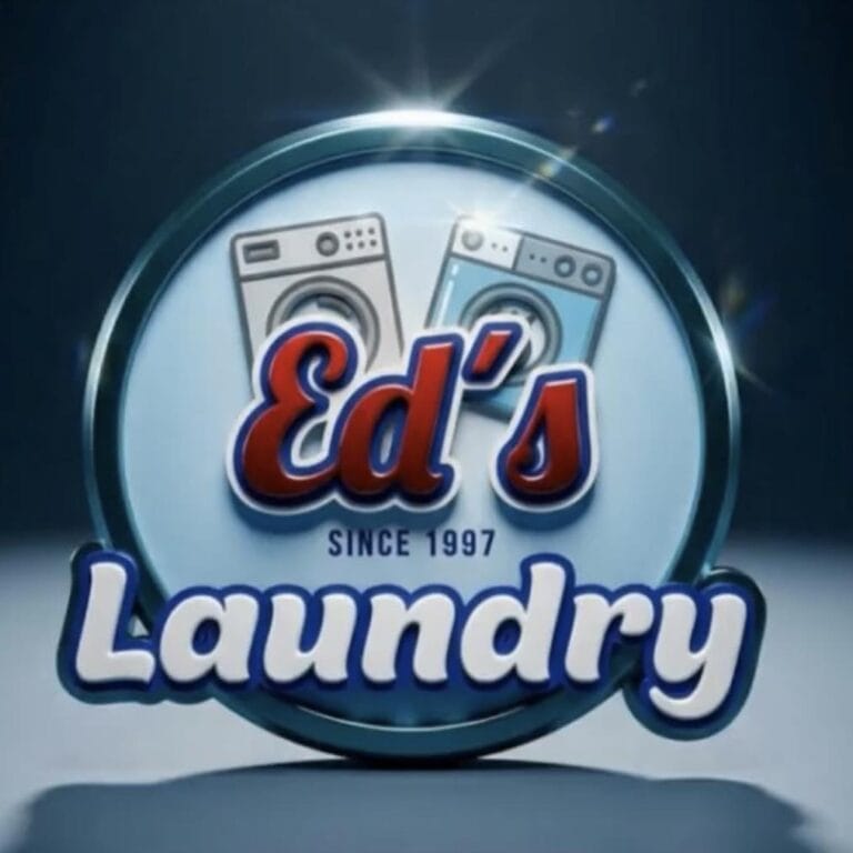 Logo of Ed's Laundry depicting washing machines with the business name and since 1997 on Roatan, Honduras.