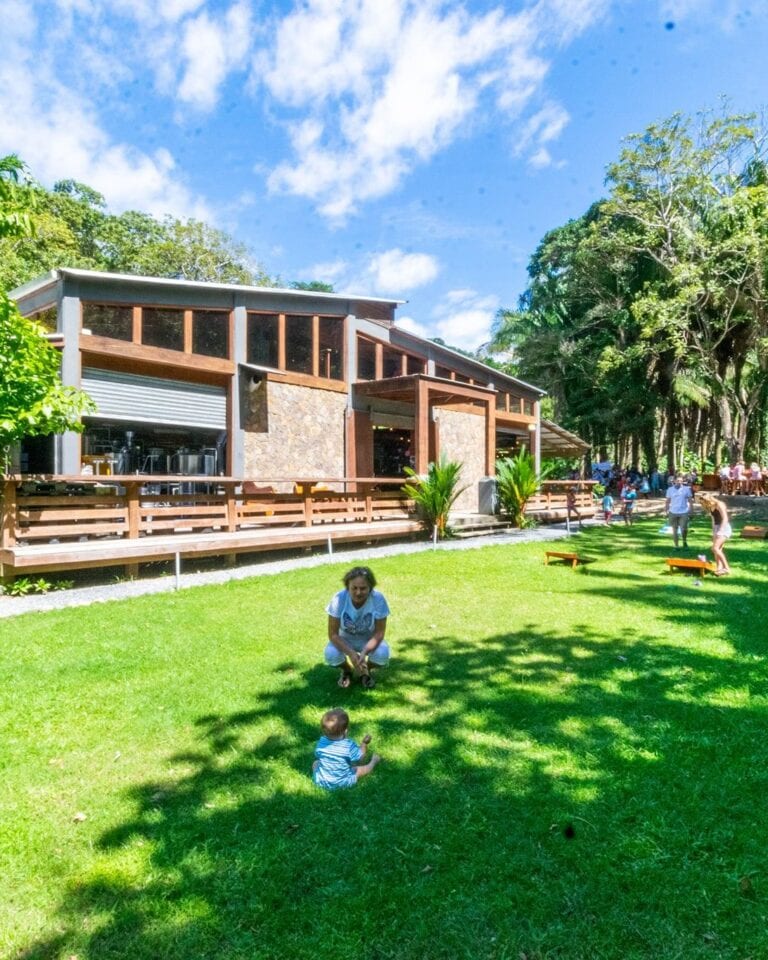 Children participating in Easter egg hunt outdoors at Roatan Island Brewing.