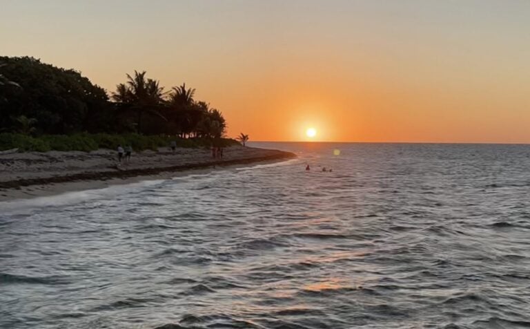 Sunset over a beach in Roatan Honduras with silhouettes of palm trees and people enjoying the shoreline.