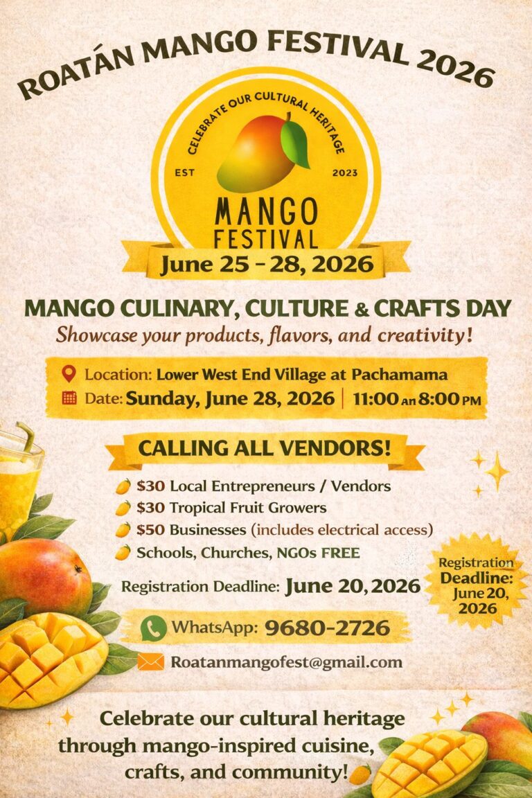 Bright yellow and orange poster advertising the Roatan Mango Festival 2026 in Honduras with a mango illustration and event details.