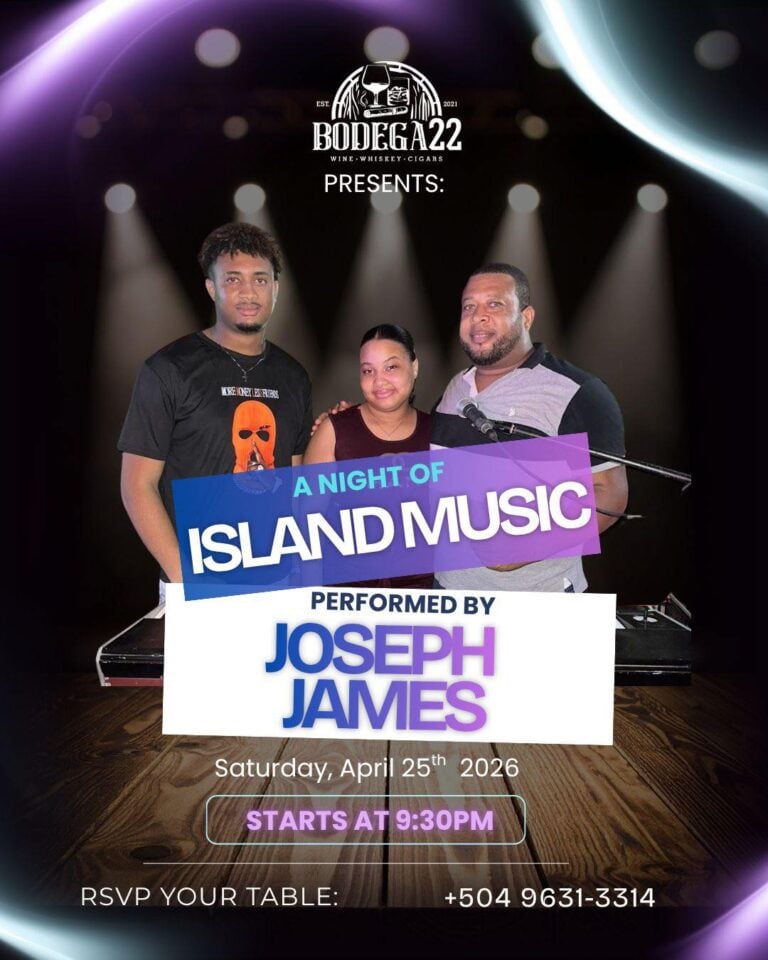 Promotional poster for an island music event in Roatan Honduras featuring three performers on stage with spotlights and a wooden floor background.