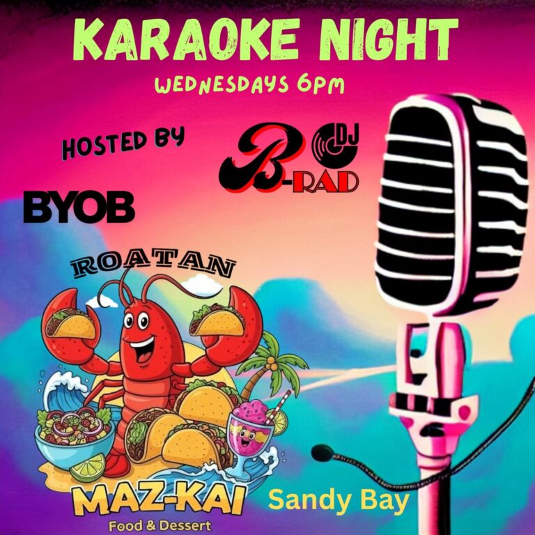 Brightly colored poster advertising karaoke night in Roatan with a cartoon lobster, tacos, and a microphone against a sunset background.