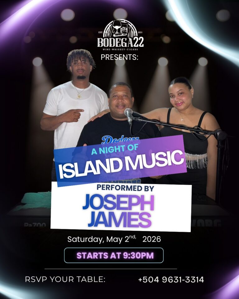 Promotional poster for an island music event in Roatan Honduras featuring DJ Joseph James performing on stage with two background performers.