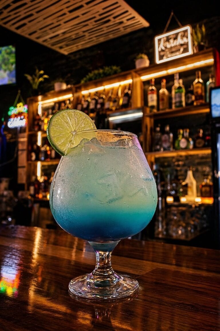 A vibrant blue and green cocktail with a lime wedge garnish on a wooden bar in Roatan, Honduras, illuminated by warm neon lighting and surrounded by liquor bottles.
