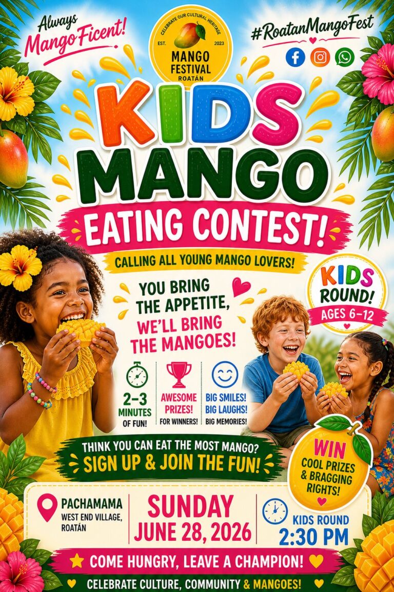 Colorful poster promoting the Kids Mango Eating Contest at the MANGO FESTIVAL in Roatan, Honduras, showcasing smiling children enjoying mangoes surrounded by tropical flowers and mango images.