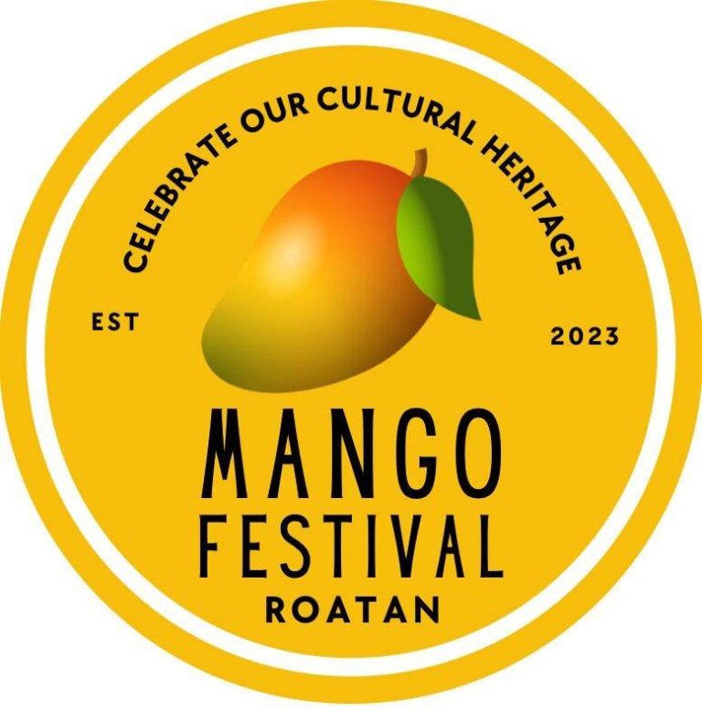 Colorful circular logo for the 2023 Roatan Mango Festival featuring a mango with a green leaf on a yellow background in Honduras.