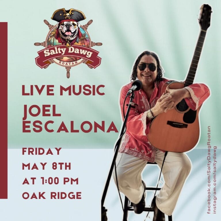 Joel Escalona performing live music on Roatan with an acoustic guitar and sunglasses, smiling at the audience.