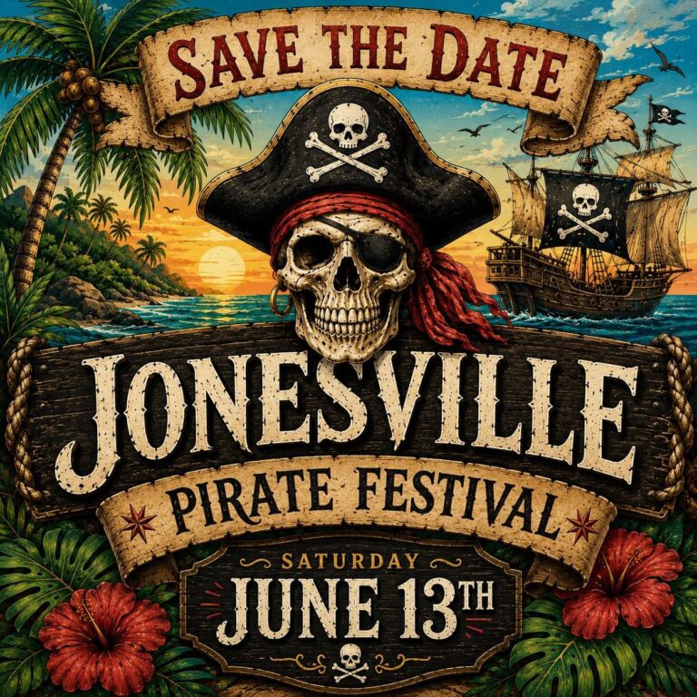 A colorful pirate-themed poster for Joneville Pirate Festival on Roatan, Honduras, featuring a skull with an eye patch and pirate hat, tropical palm trees, a sailing ship, and a sunset over the ocean.