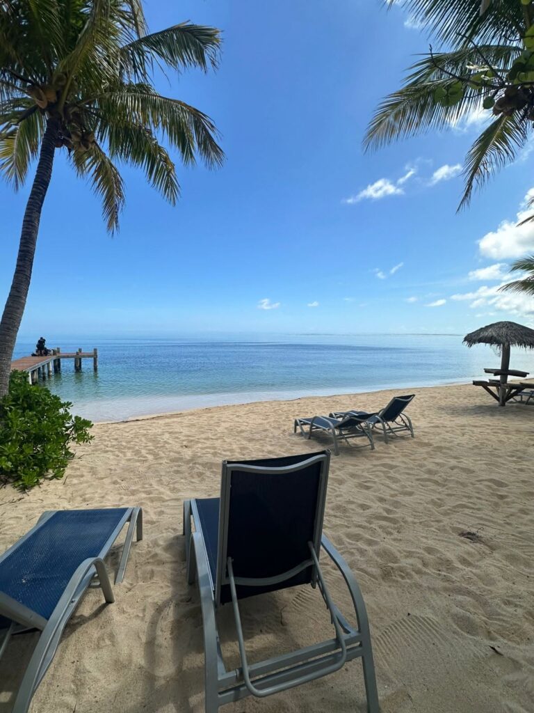 A tranquil sandy beach on Roatan, Honduras, with palm trees, lounge chairs, and a thatched umbrella overlooking the calm ocean under a blue sky.