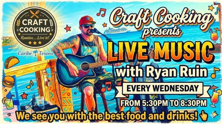 A man with sunglasses, tattoos, and a red cap is playing an acoustic guitar and singing at an outdoor waterfront venue in Roatan, Honduras, with a cruise ship in the background and tropical decorations around him.
