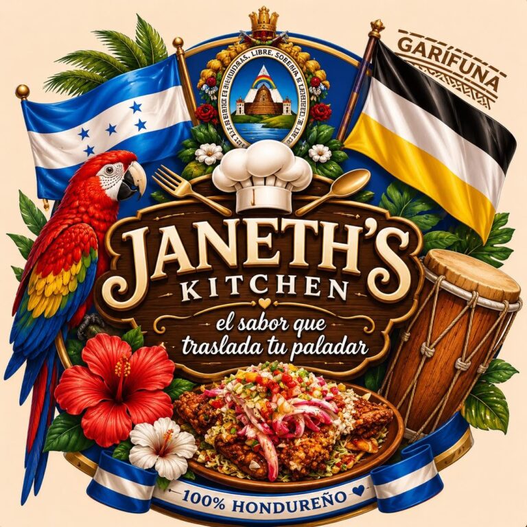 Janeth's Kitchen logo features Honduran flags, Garifuna cultural elements, tropical flowers, a parrot, drum, chef's hat, and a traditional seafood dish for a Roatan, Honduras restaurant.