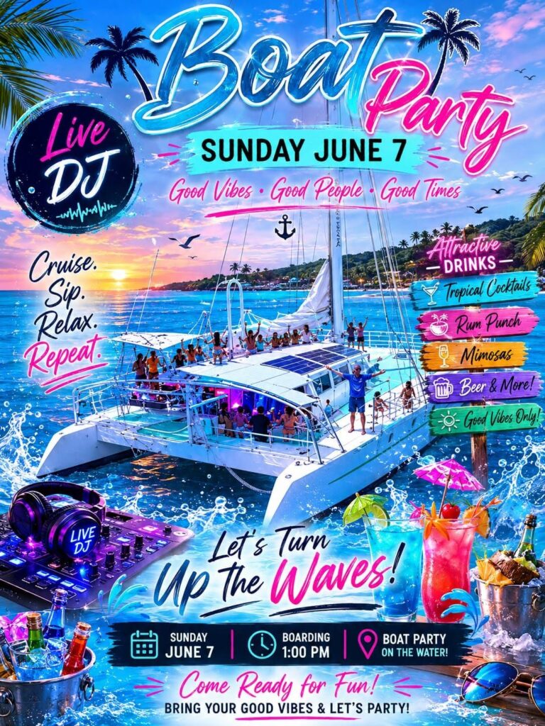 A lively boat party on Roatan in Honduras features a large white yacht with people enjoying the sunset on the water, surrounded by tropical palm trees and vibrant colors.