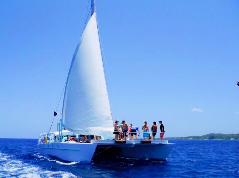 A group of people enjoying a boat tour on the clear blue waters around Roatan, Honduras, with a large white sailboat sailing past sunny beaches and lush green islands.
