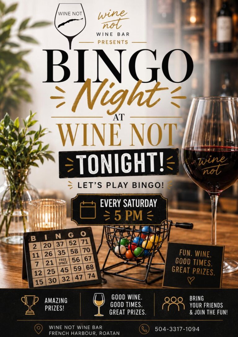 An indoor scene at a Roatan wine bar in Honduras promoting a Bingo Night event with a wine glass, bingo card, colorful bingo balls, and decorative candles.