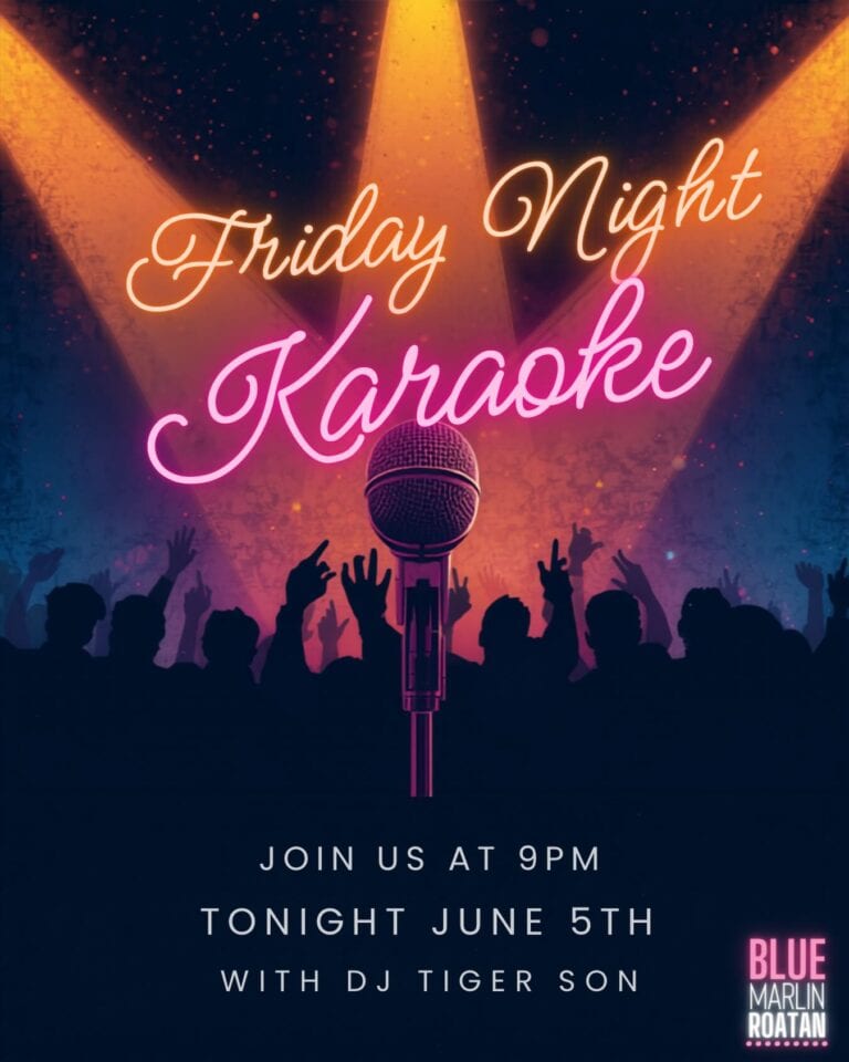 Colorful neon sign for Friday Night Karaoke in Roatan with silhouettes of an audience and a microphone on stage, set against a vibrant background that highlights Roatan, Bay Islands, Honduras nightlife.