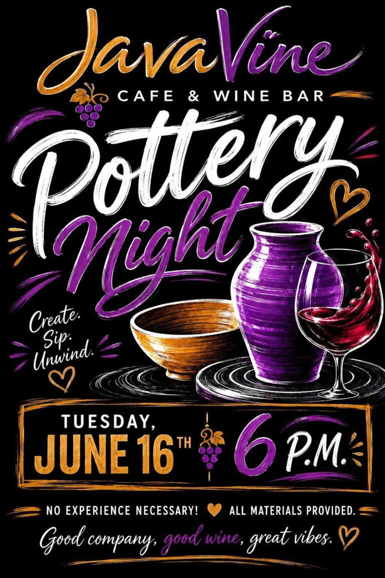 Nighttime promotional poster for JavaVine Cafe & Wine Bar in Roatan Honduras featuring an illustrated pottery vessel and a glass of red wine on a black background.