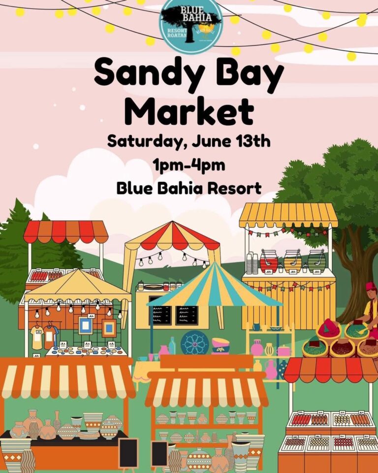 Colorful illustration of a local market in Roatan with stalls selling pottery, snacks, and handmade goods under vibrant canopies and trees on Sandy Bay Beach.