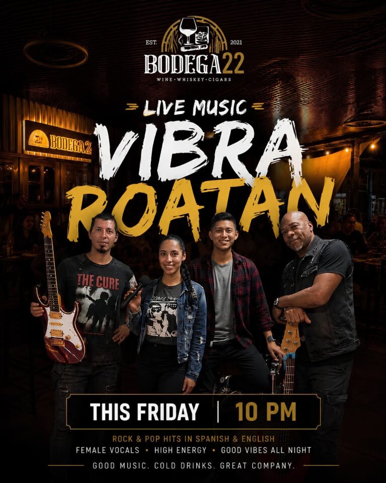 Four musicians performing live at VIBRA Roatan bar in Roatan, Bay Islands, Honduras, with a dark interior and an illuminated sign behind them.
