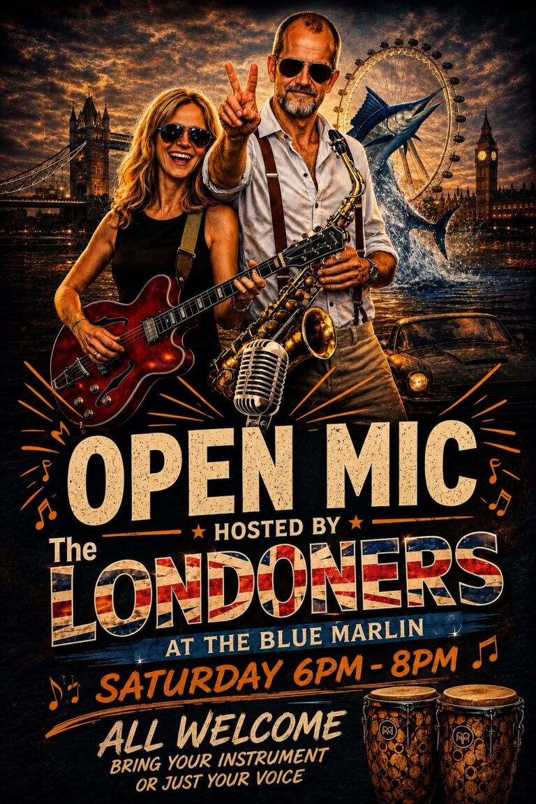 Two musicians, a woman with blonde hair holding a red electric guitar and a man with sunglasses holding a saxophone, perform at an open mic night at the Blue Marlin venue in Roatan, Honduras, with London-themed graphics and a Ferris wheel, Big Ben, and a whale in the background.