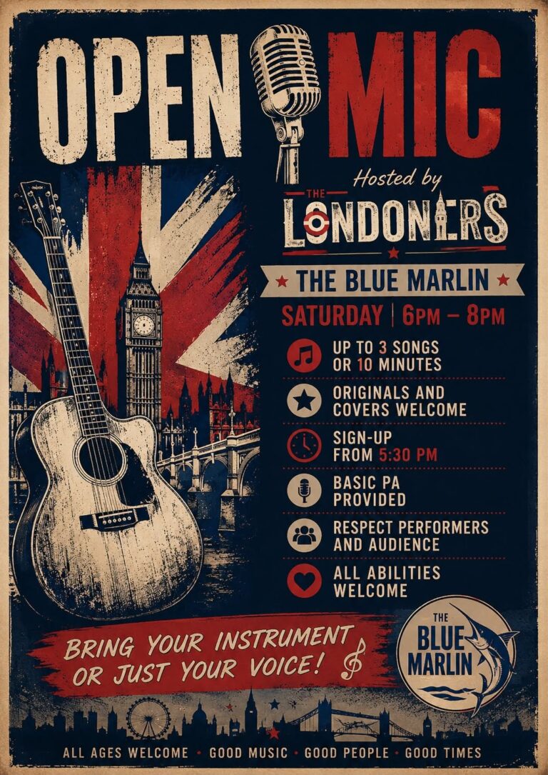 Event poster for an open mic night hosted by the Londoners at The Blue Marlin in Roatan, Honduras, featuring London landmarks like Big Ben and a Union Jack-inspired background, with a guitar and a microphone illustration.