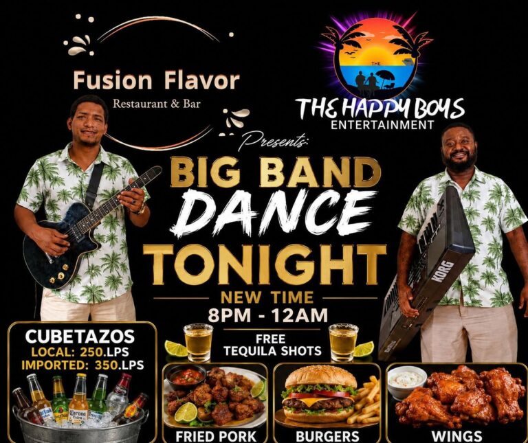 A promotional poster for a live music event at The Happy Boys Entertainment in Roatan Honduras, featuring two men in tropical patterned shirts holding musical instruments against a black background with sunset and beach illustrations.