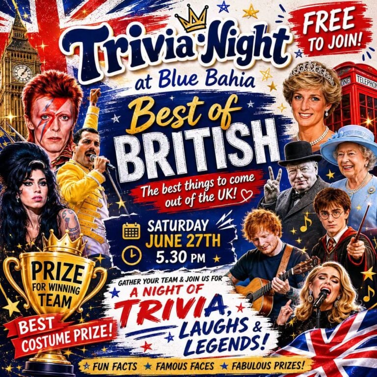 Colorful poster promoting a British-themed trivia night event at Blue Bahia in Roatan, Honduras, featuring images of British icons and characters, with a lively design and event details.
