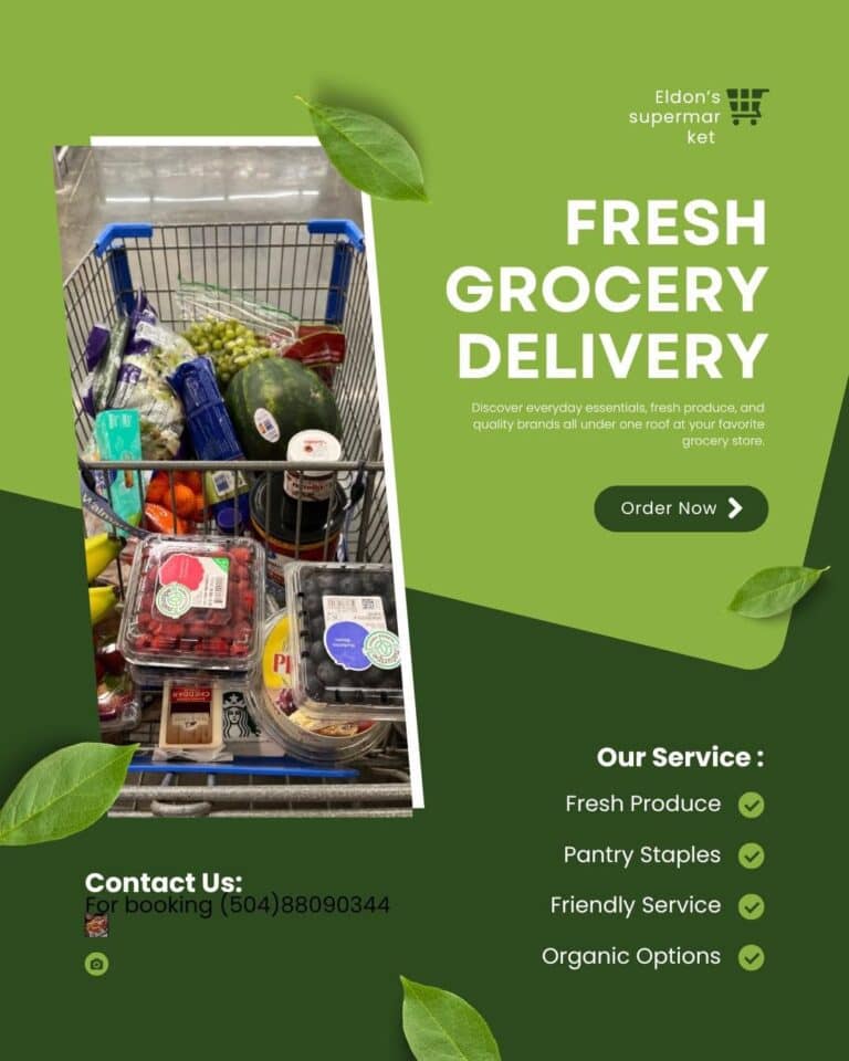 A shopping cart filled with fresh produce including watermelon, strawberries, blueberries, grapes, bananas, and packaged items, set against a background of a grocery store in Roatan, Honduras.