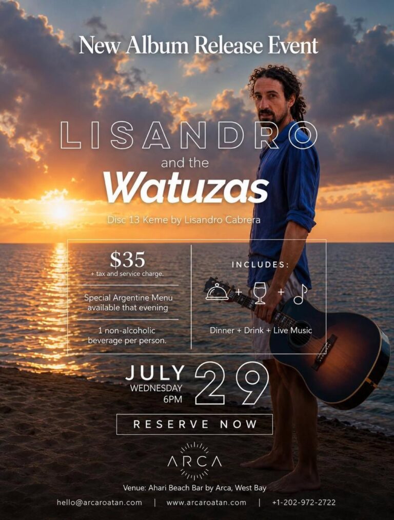 An advertisement for a new album release event featuring Lisandro and the Watuza band, set against a sunset over the ocean on Roatan, Honduras, with a man holding a guitar and standing barefoot on the beach.