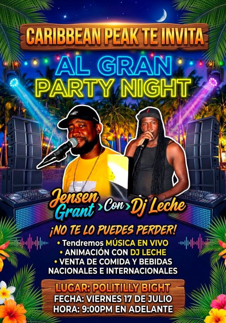 Vibrant promotional poster advertising a Caribbean-themed party night on Roatan, Honduras, featuring DJs Jensen Grant and DJ Leche with tropical palm leaves, colorful neon lights, speakers, and images of the performers against a night sky with a crescent moon.