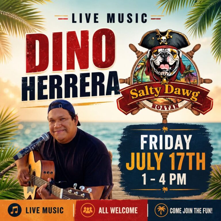 A promotional poster for an outdoor live music event featuring a smiling man playing an acoustic guitar with a tropical beach in the background on Roatan, Honduras, highlighting the event date and details.