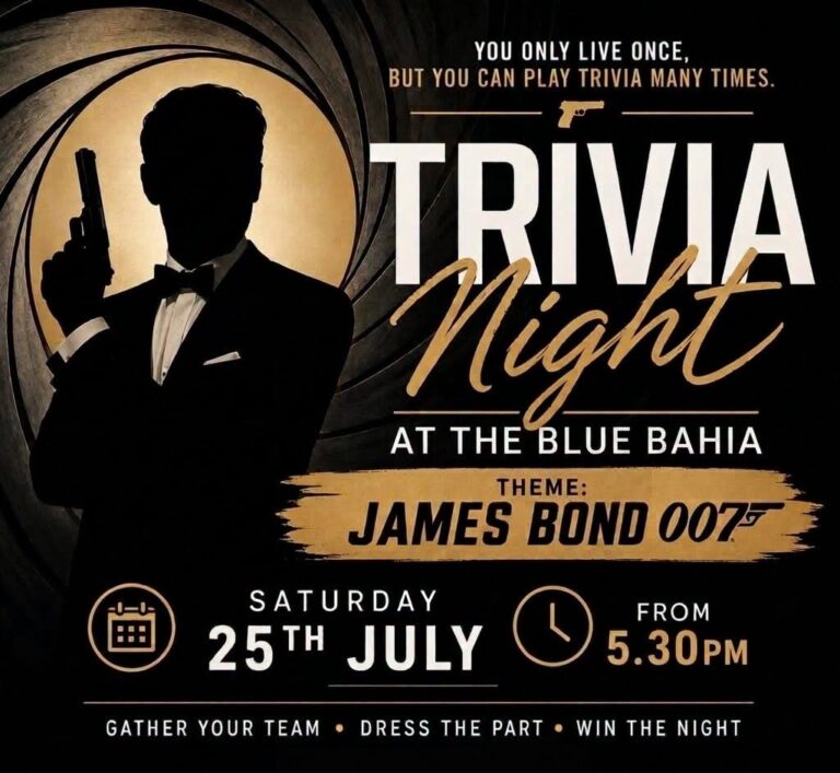 A promotional poster for a trivia night event at a venue in Roatan Honduras featuring a silhouette of a man in a tuxedo holding a gun, with James Bond 007 theme context.