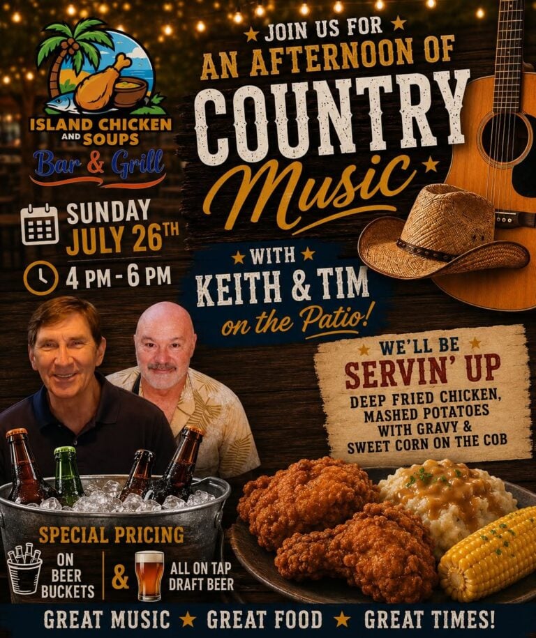 Promotion poster for an outdoor country music event at a bar and grill in Roatan, Honduras, featuring guitars, a cowboy hat, and details of the event with photos of Keith and Tim.