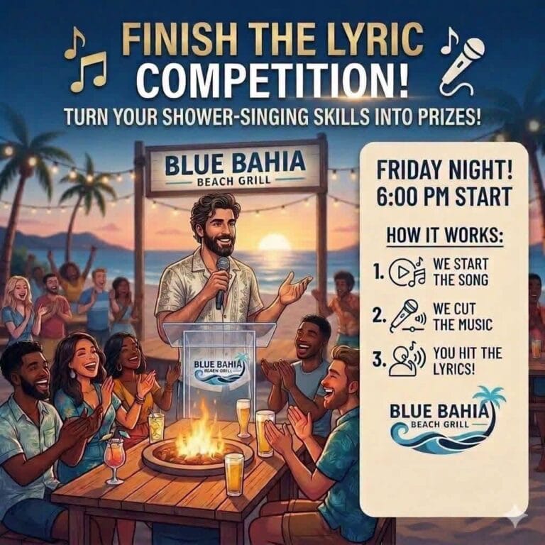 A lively scene at Blue Bahia Beach Grill on Roatan with a man singing karaoke outdoors at sunset, surrounded by a cheering group of friends with drinks, palm trees, and string lights in the background.
