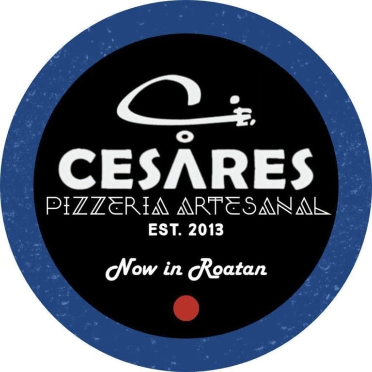The logo of Cesares Pizzeria Artesanal featuring a black circular background with white text and a graphic of a pizza cutter, designated as a new business in Roatan, Honduras established in 2013.