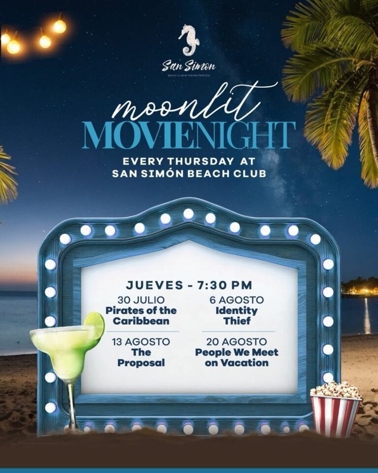 A colorful promotional poster for moondlit movie nights at San Simón Beach Club on Roatan, Honduras, featuring a starry night sky, palm trees, string lights, a cocktail, and a popcorn bucket with event details.