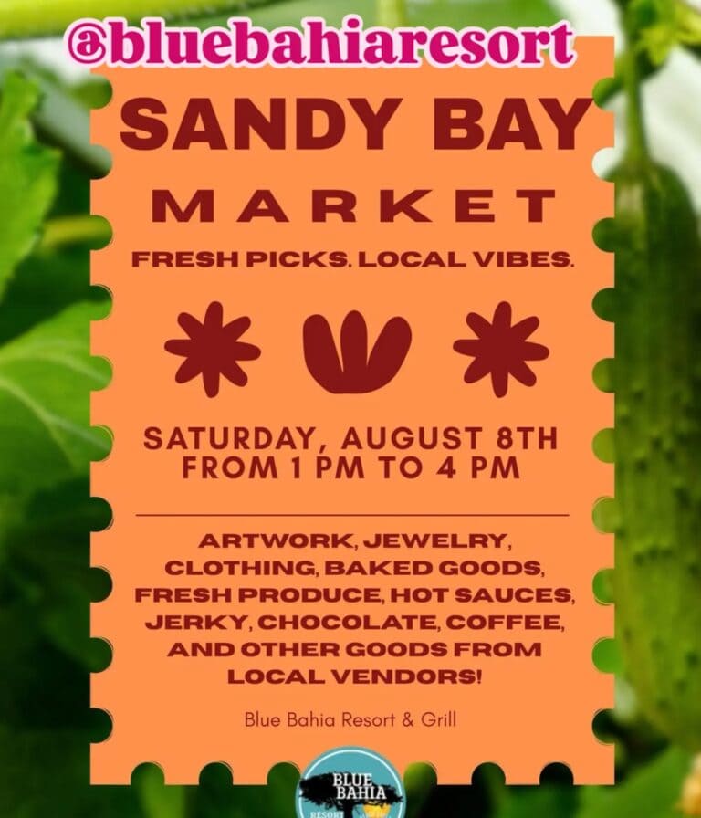 Colorful poster for Blue Bahia Resort & Grill advertising the Sandy Bay Market on Roatan, Honduras, featuring details about the event and vendors.