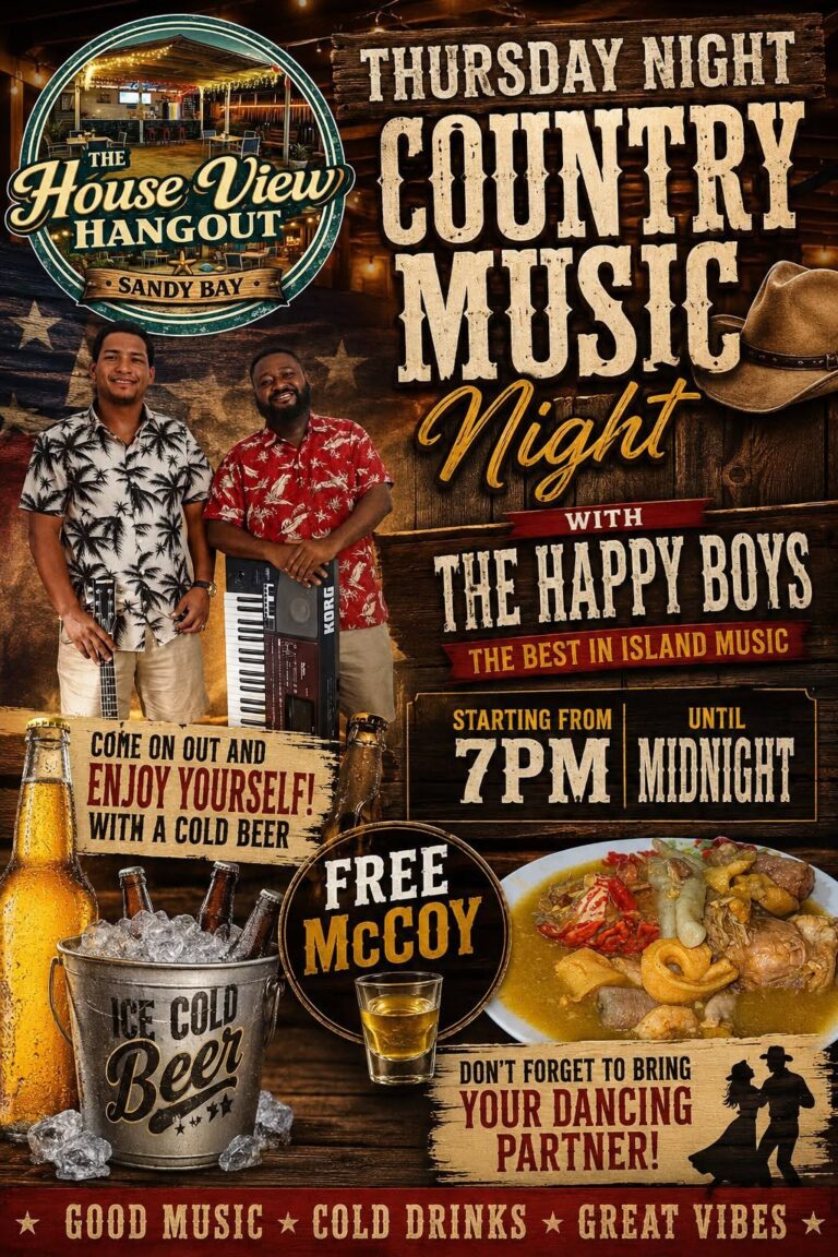 A promotional poster advertising a Thursday night country music event at The House View Hangout in Sandy Bay, Roatan, Honduras, featuring two smiling musicians with a musical instrument and keyboard in front of a rustic wooden background with American flag elements and a cowboy hat.